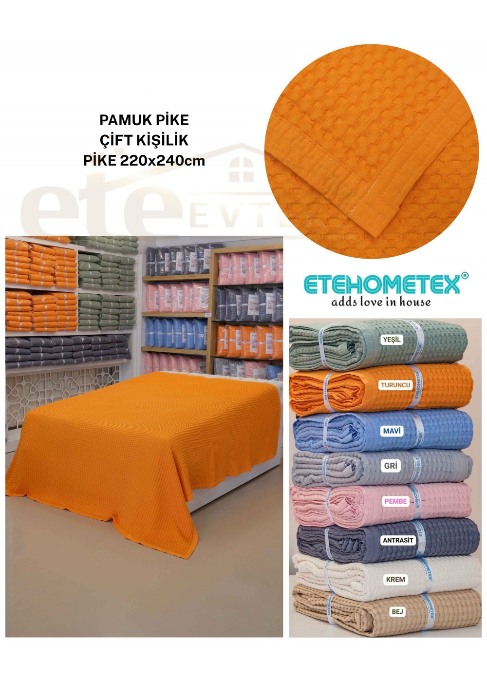 ETEHOMETEX HAVUZLU PİKE ÇİFT KİŞİLİK 220X240CM TURUNCU 8696474231655